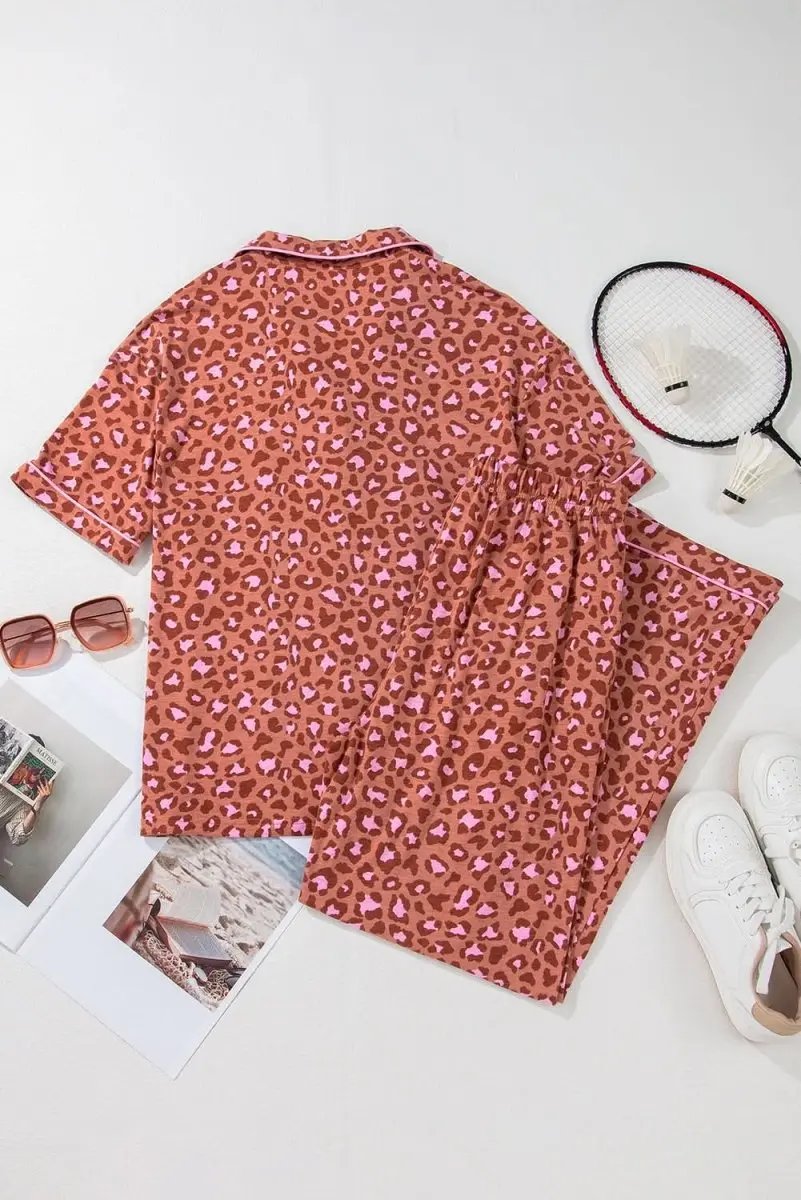 Brown Leopard Print Short Sleeve Shirt and Pants Pajamas Set - Love Salve 