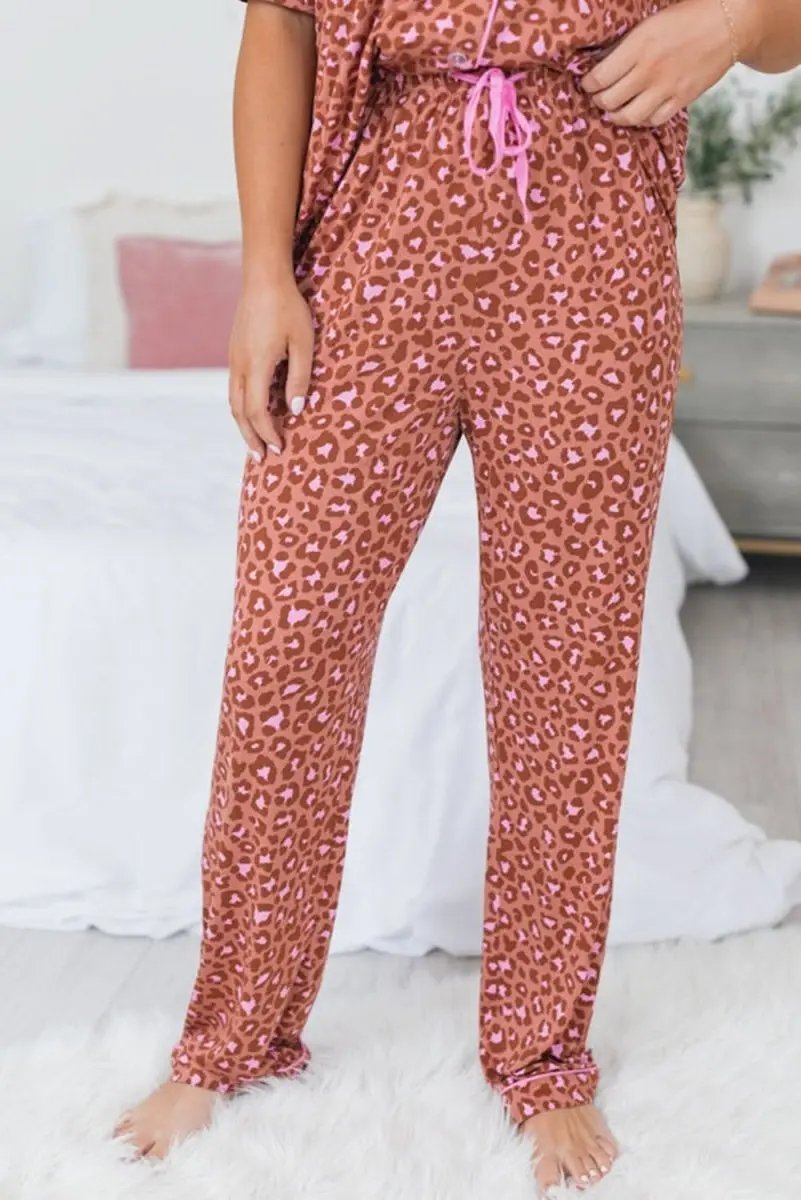 Brown Leopard Print Short Sleeve Shirt and Pants Pajamas Set - Love Salve 