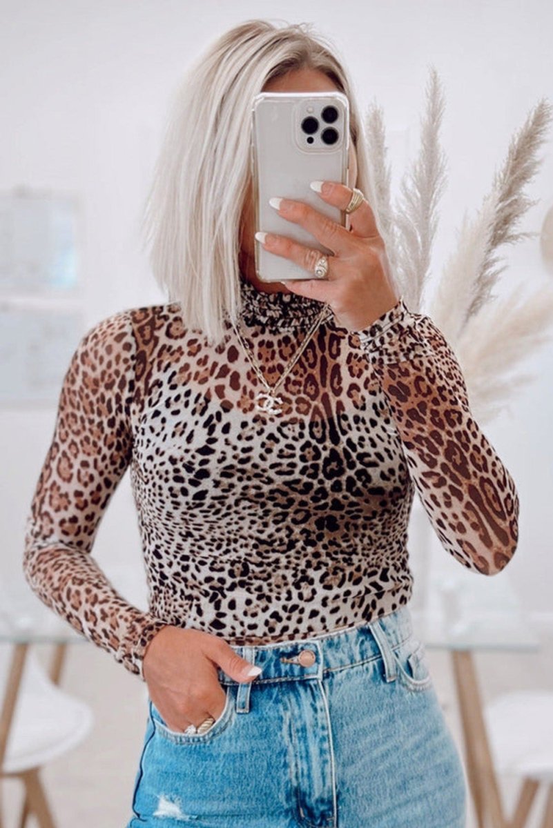 Brown Leopard Smocked Neck Mesh Long Sleeve Bodysuit - Love Salve 