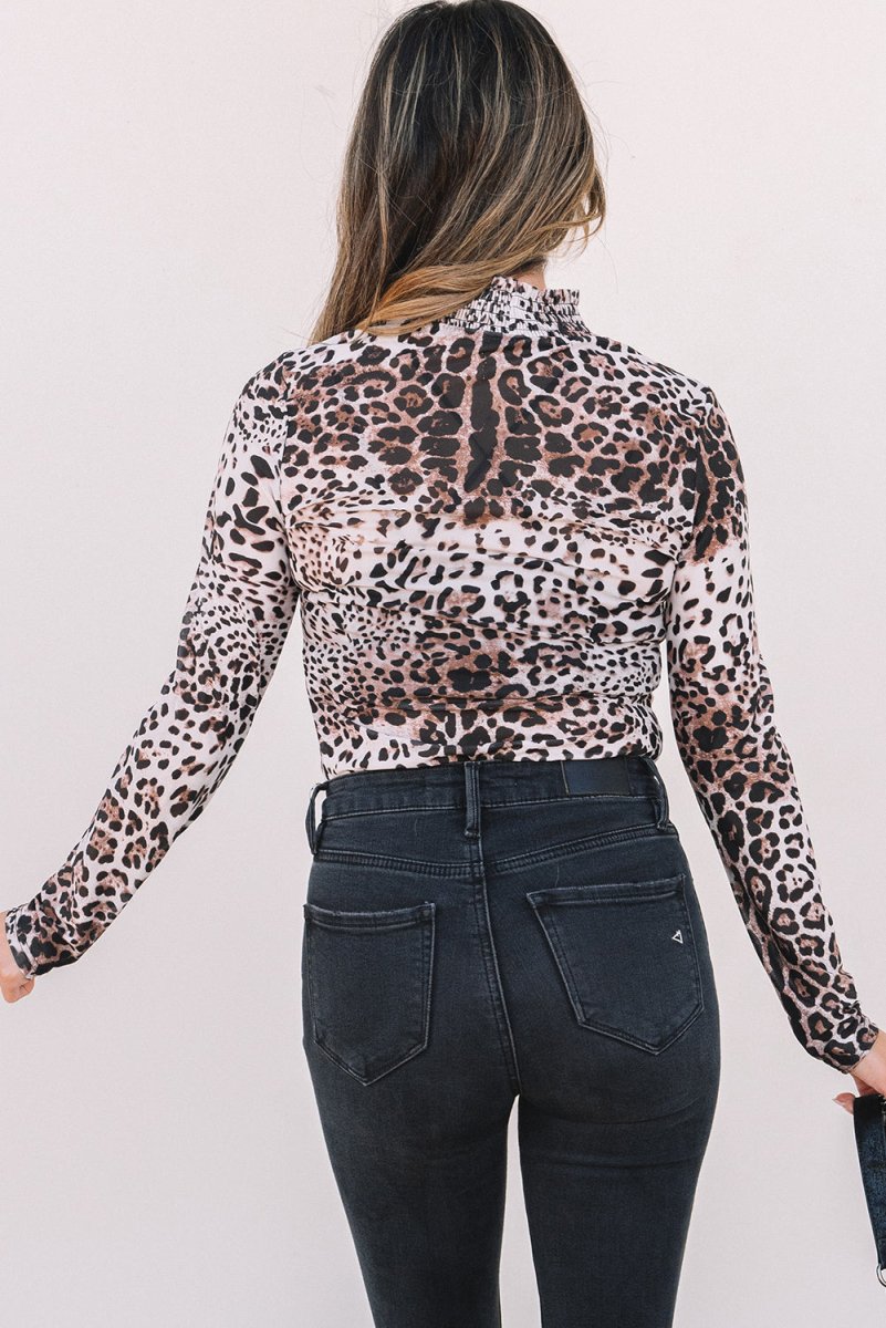 Brown Leopard Smocked Neck Mesh Long Sleeve Bodysuit - Love Salve 