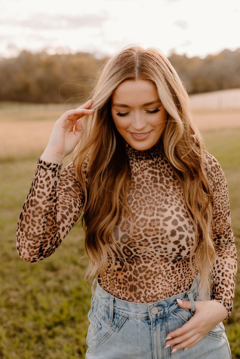 Brown Leopard Smocked Neck Mesh Long Sleeve Bodysuit - Love Salve 