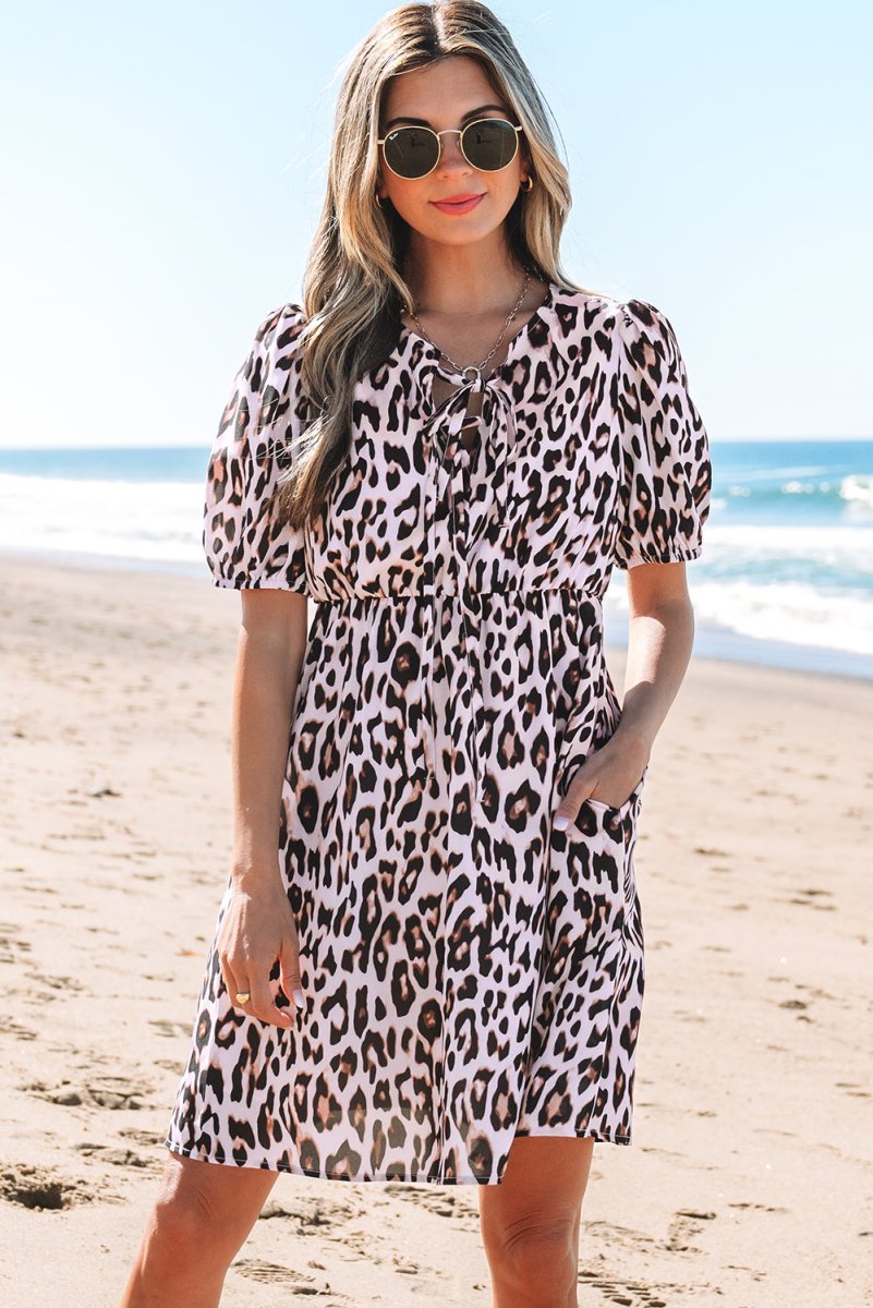 Brown Leopard Tied Front Keyhole Puff Sleeve Mini Dress - Love Salve 