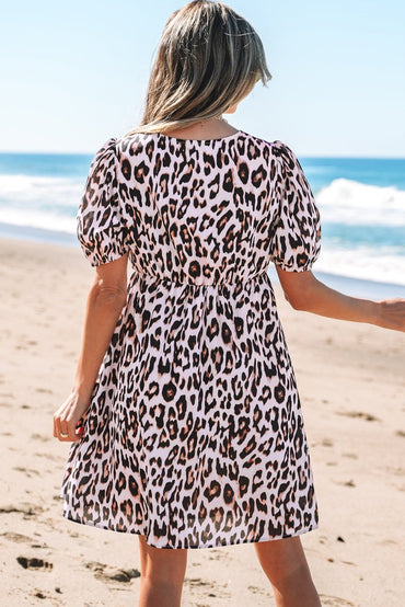 Brown Leopard Tied Front Keyhole Puff Sleeve Mini Dress - Love Salve 