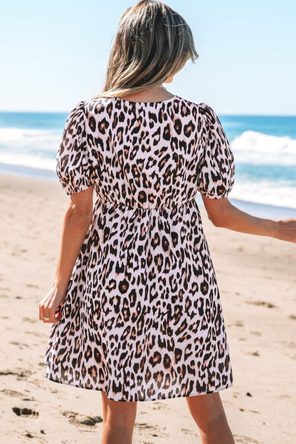 Brown Leopard Tied Front Keyhole Puff Sleeve Mini Dress - Love Salve 