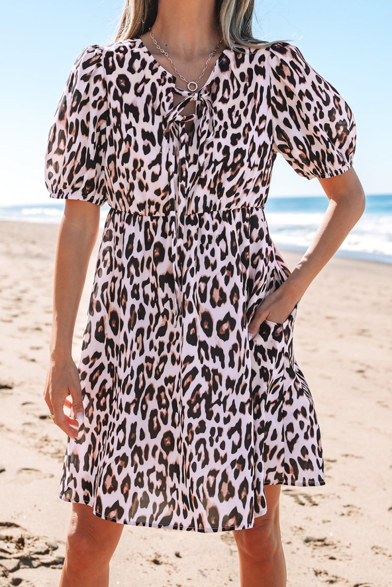 Brown Leopard Tied Front Keyhole Puff Sleeve Mini Dress - Love Salve 