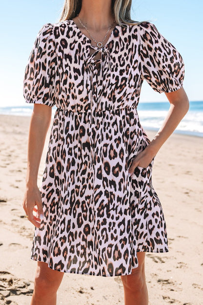 Brown Leopard Tied Front Keyhole Puff Sleeve Mini Dress - Love Salve 
