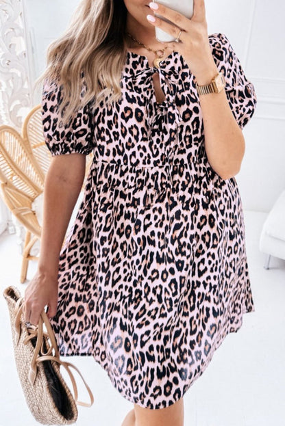 Brown Leopard Tied Front Keyhole Puff Sleeve Mini Dress - Love Salve 