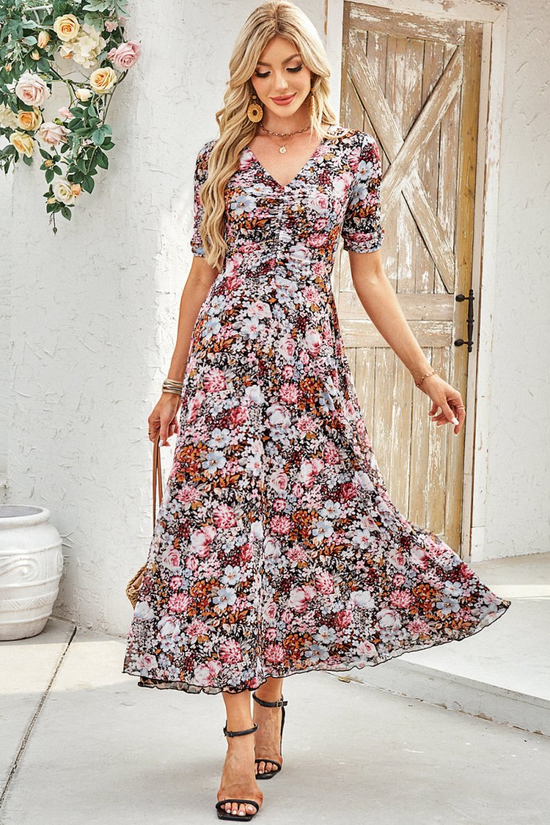 Brown Mesh Leopard Floral Reversible V Neck Short Sleeve Dress - Love Salve 