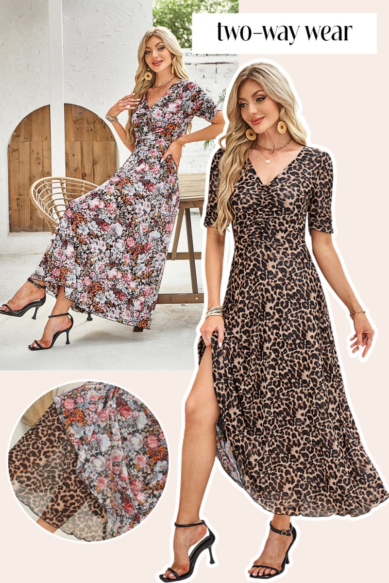 Brown Mesh Leopard Floral Reversible V Neck Short Sleeve Dress - Love Salve 