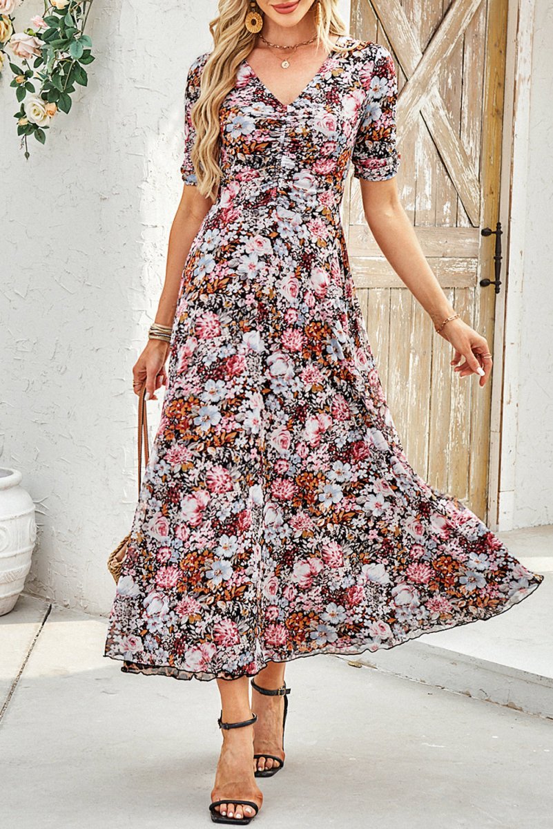 Brown Mesh Leopard Floral Reversible V Neck Short Sleeve Dress - Love Salve 