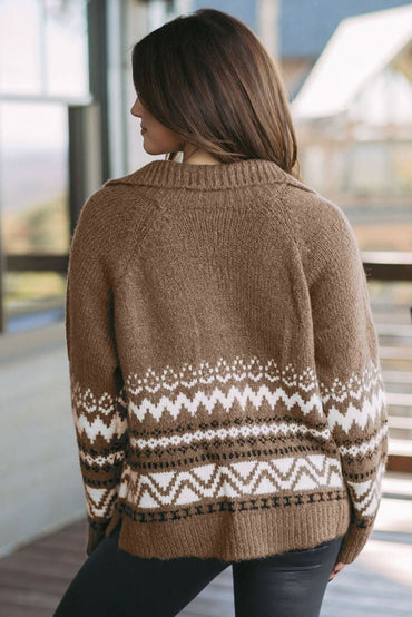Brown Ribbed Trim Collared Zip - Up Cardigan with Western Print - Love Salve