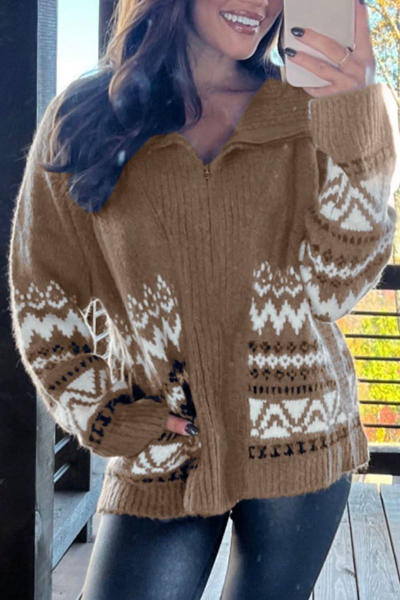 Brown Ribbed Trim Collared Zip-Up Cardigan with Western Print - Love Salve 