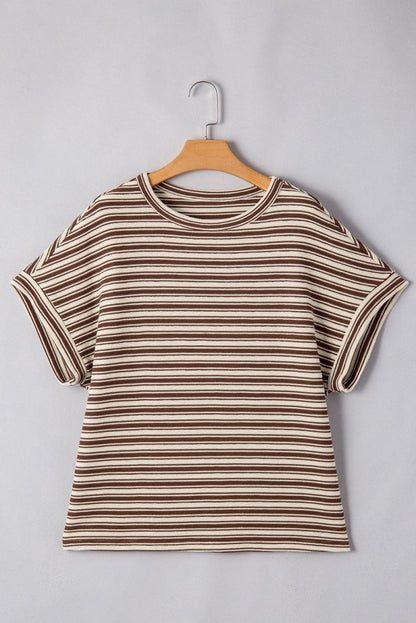 Brown Stripe Textured Side Slits Crew Neck T Shirt for Women - Love Salve 