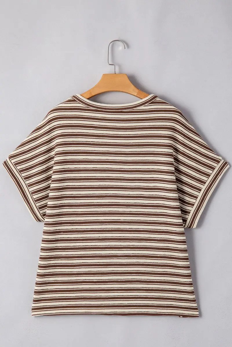 Brown Stripe Textured Side Slits Crew Neck T Shirt for Women - Love Salve 