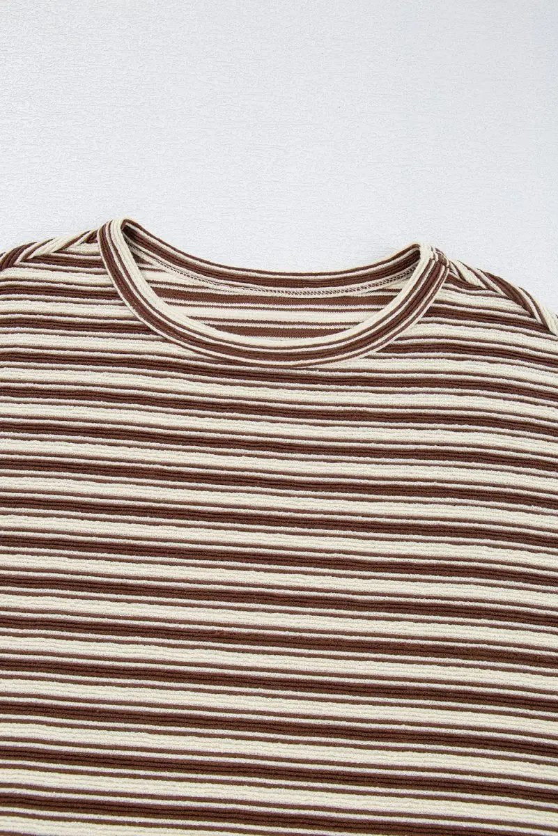 Brown Stripe Textured Side Slits Crew Neck T Shirt for Women - Love Salve 