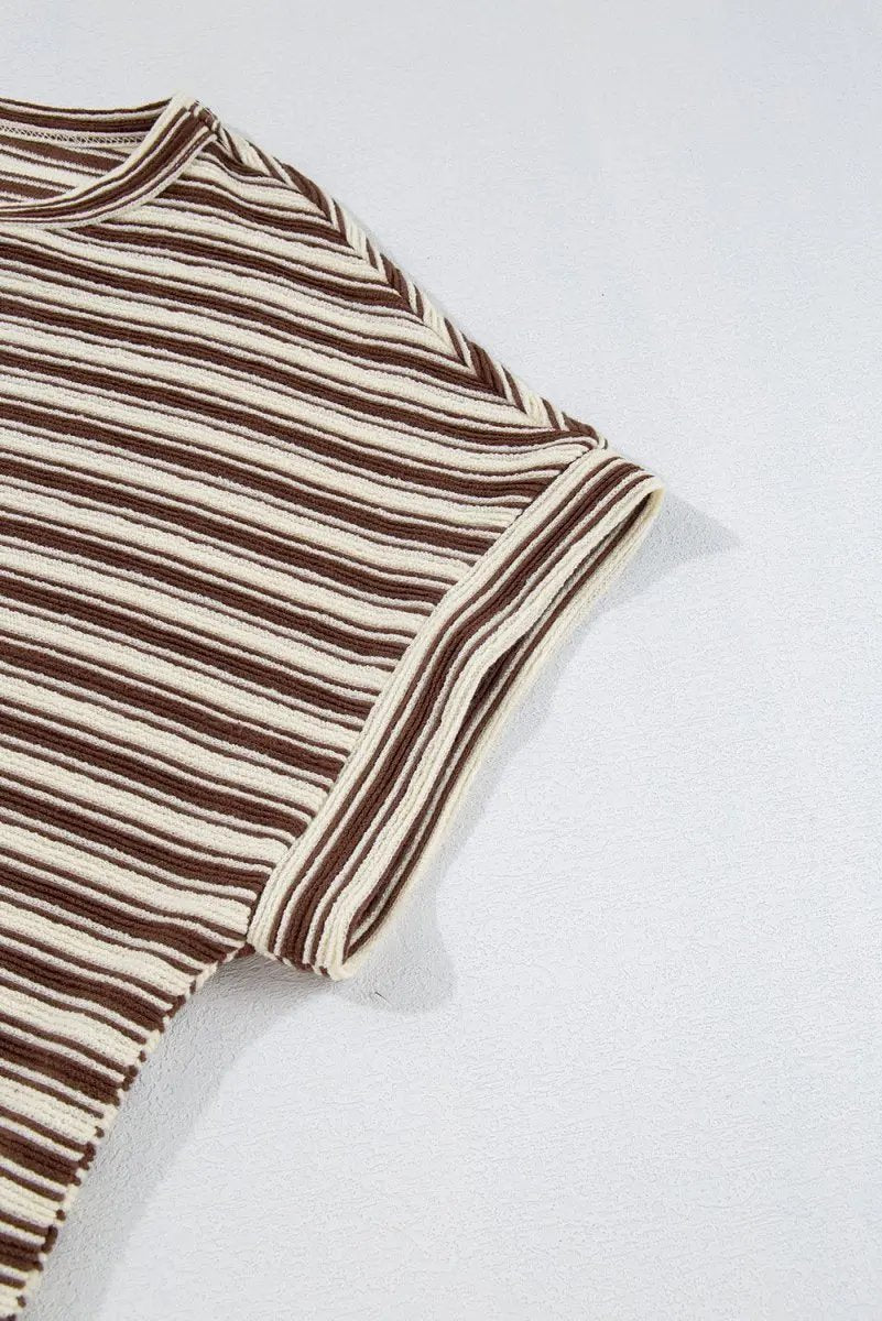 Brown Stripe Textured Side Slits Crew Neck T Shirt for Women - Love Salve 