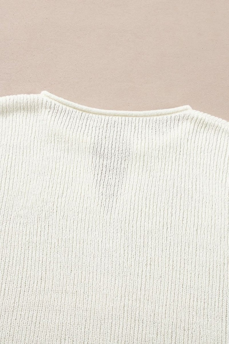 Brown Striped Accent Notched V Neck Cropped Sweater T Shirt - Love Salve 