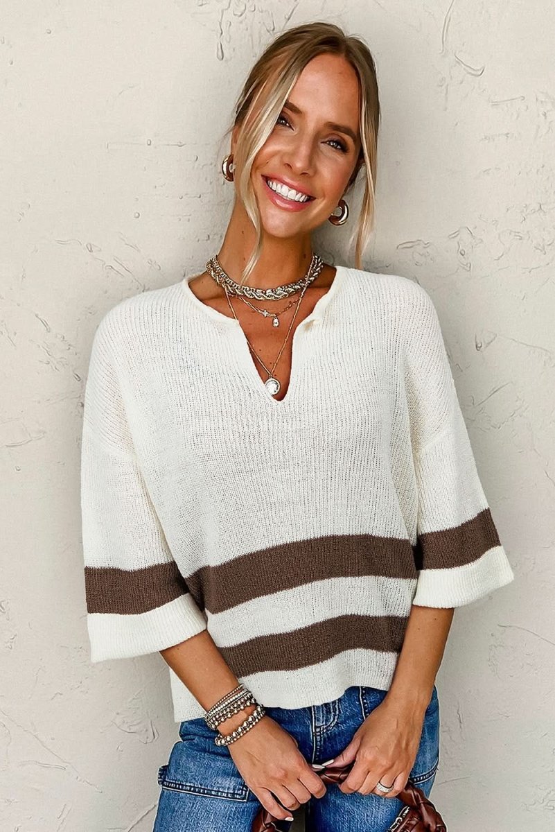 Brown Striped Accent Notched V Neck Cropped Sweater T Shirt - Love Salve 