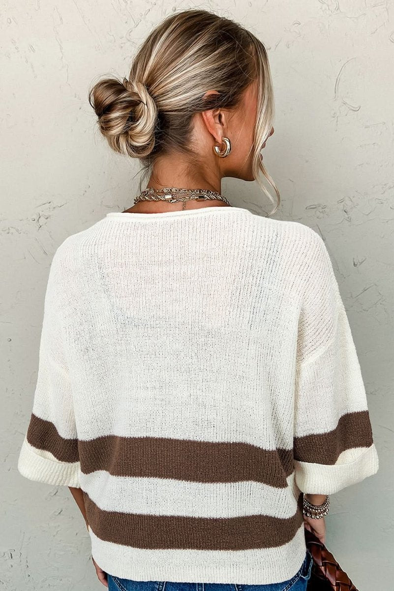 Brown Striped Accent Notched V Neck Cropped Sweater T Shirt - Love Salve 