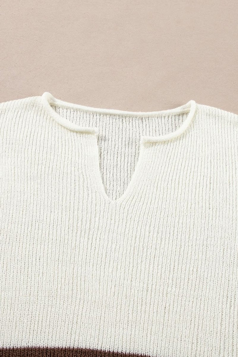 Brown Striped Accent Notched V Neck Cropped Sweater T Shirt - Love Salve 