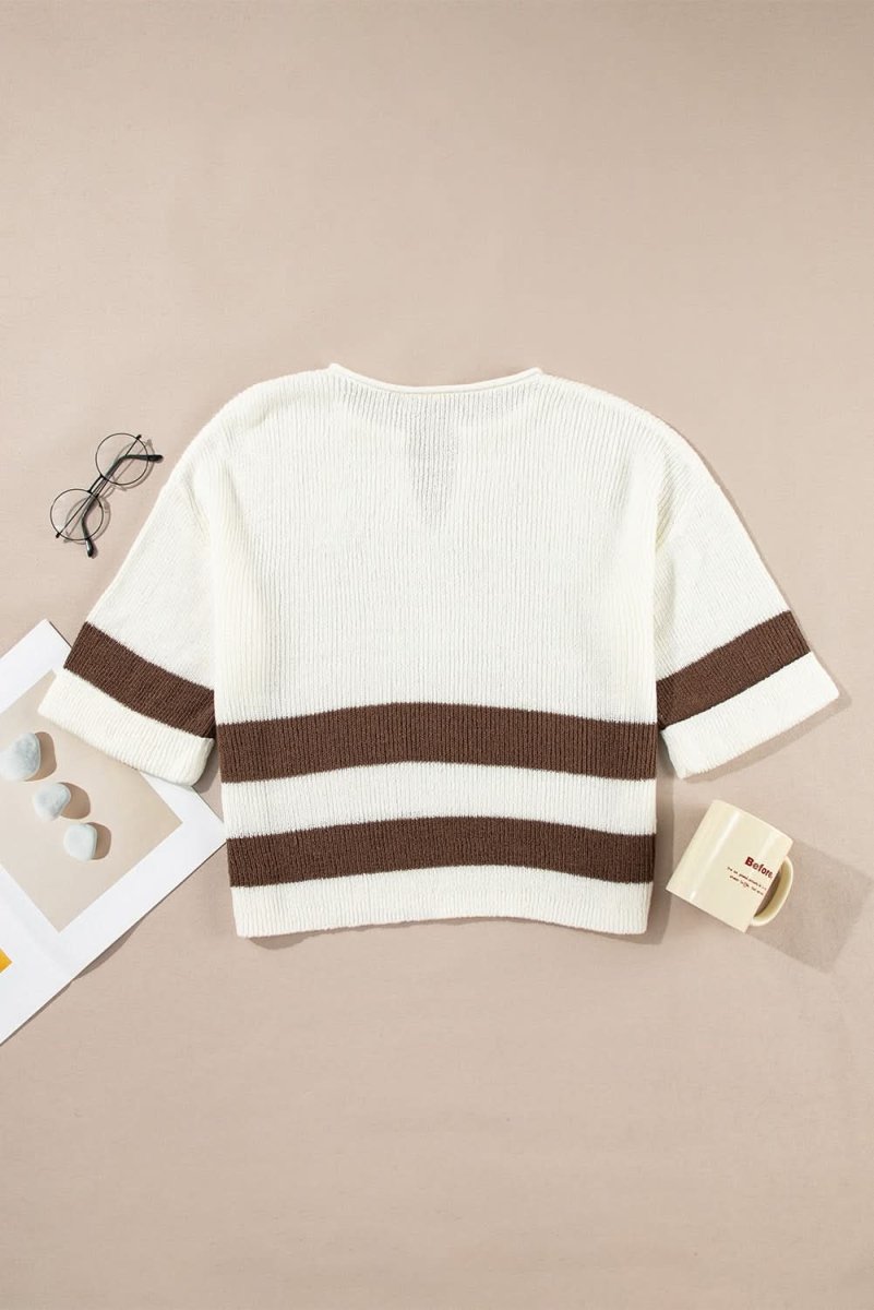 Brown Striped Accent Notched V Neck Cropped Sweater T Shirt - Love Salve 