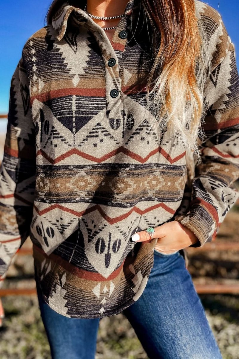 Brown Western Aztec Collared Button - up Sweatshirt - Love Salve