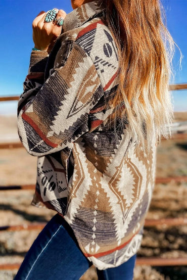 Brown Western Aztec Collared Button - up Sweatshirt - Love Salve