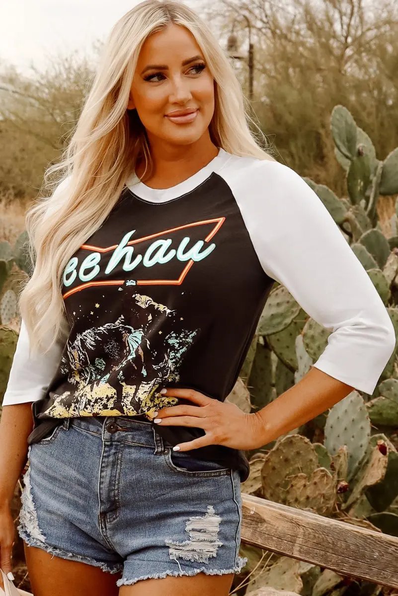 Brown Western Yeehaw Graphic Vintage Raglan Long Sleeve Top - Love Salve 