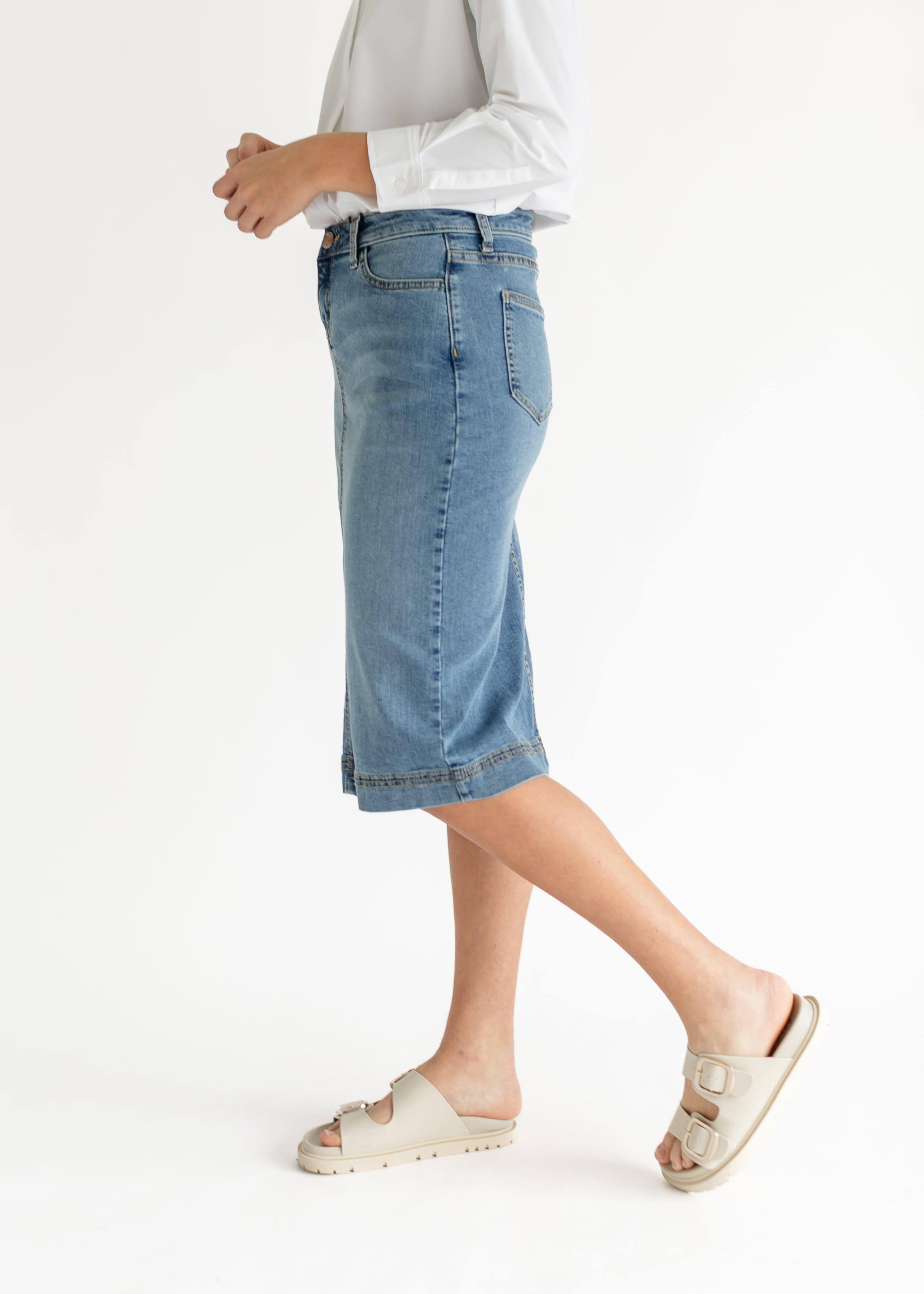 Bryn Light Wash Denim Midi Skirt Inherit Co.