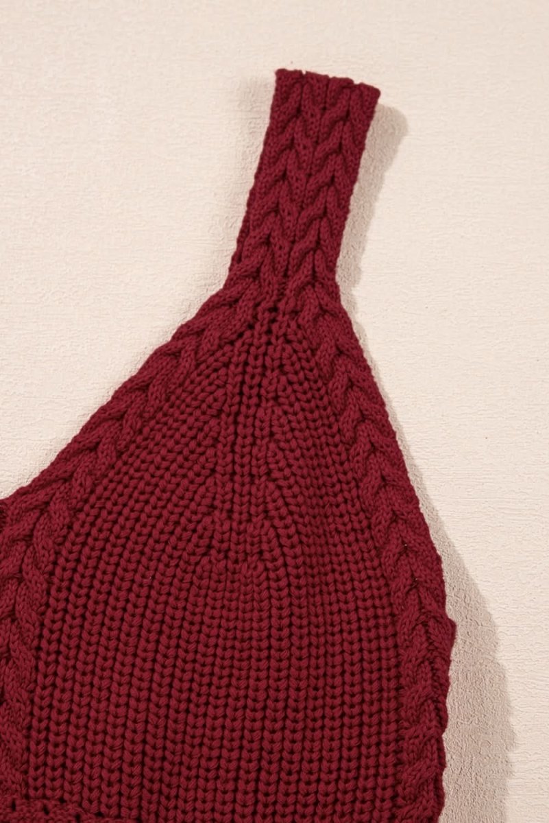 Burgundy Cable Knit Pointelle Slim Fit V Neck Sweater Vest - Love Salve 
