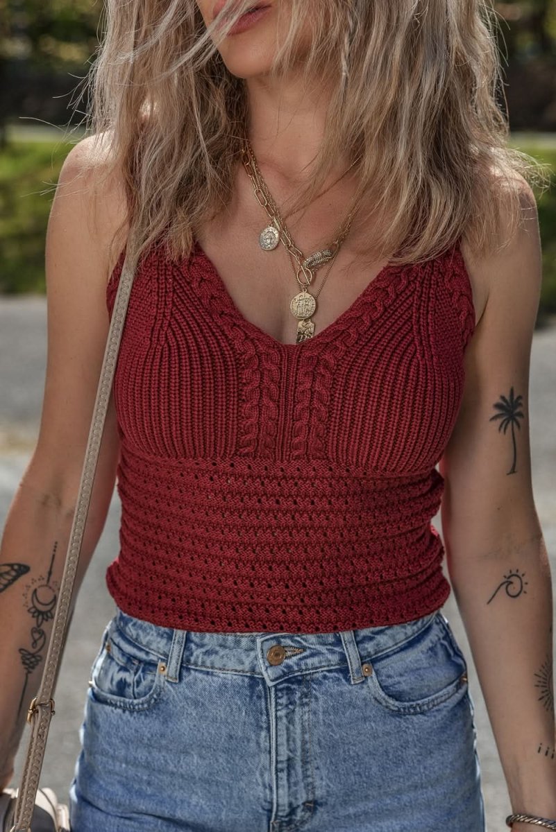 Burgundy Cable Knit Pointelle Slim Fit V Neck Sweater Vest - Love Salve 