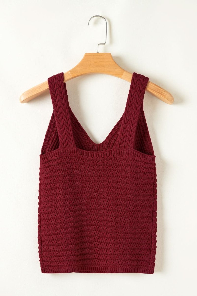 Burgundy Cable Knit Pointelle Slim Fit V Neck Sweater Vest - Love Salve 