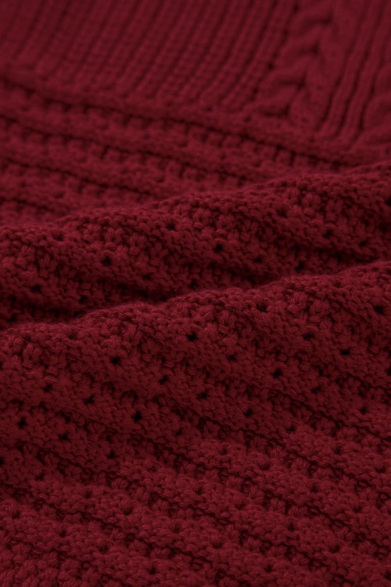 Burgundy Cable Knit Pointelle Slim Fit V Neck Sweater Vest - Love Salve 