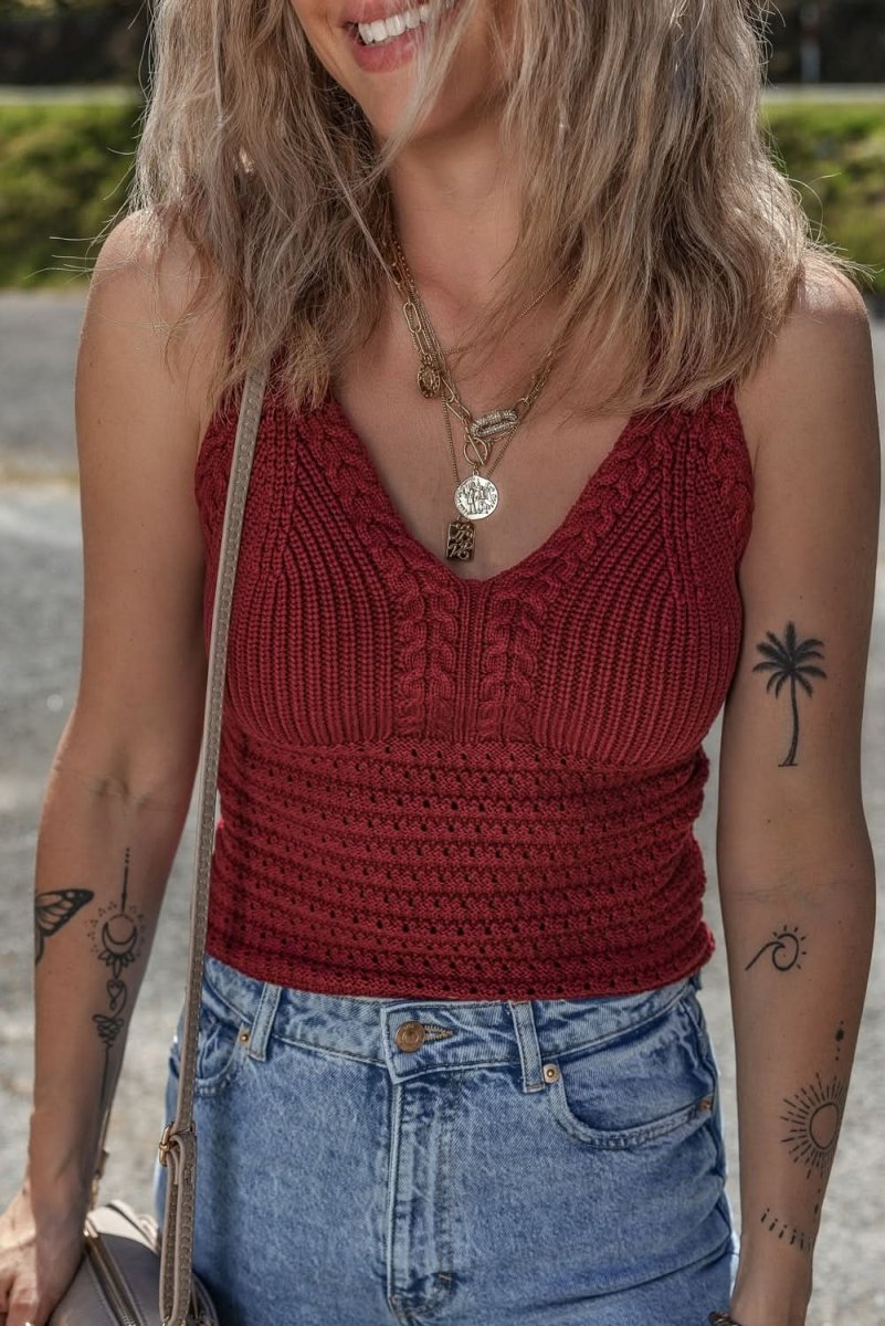Burgundy Cable Knit Pointelle Slim Fit V Neck Sweater Vest - Love Salve 