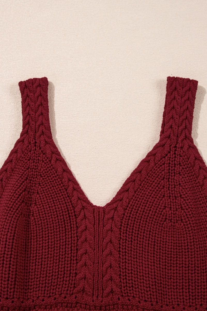 Burgundy Cable Knit Pointelle Slim Fit V Neck Sweater Vest - Love Salve 