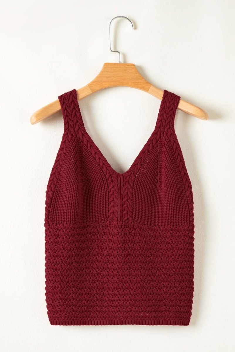 Burgundy Cable Knit Pointelle Slim Fit V Neck Sweater Vest - Love Salve 
