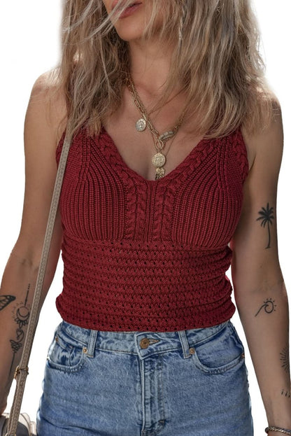 Burgundy Cable Knit Pointelle Slim Fit V Neck Sweater Vest - Love Salve 