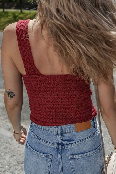 Burgundy Cable Knit Pointelle Slim Fit V Neck Sweater Vest - Love Salve 