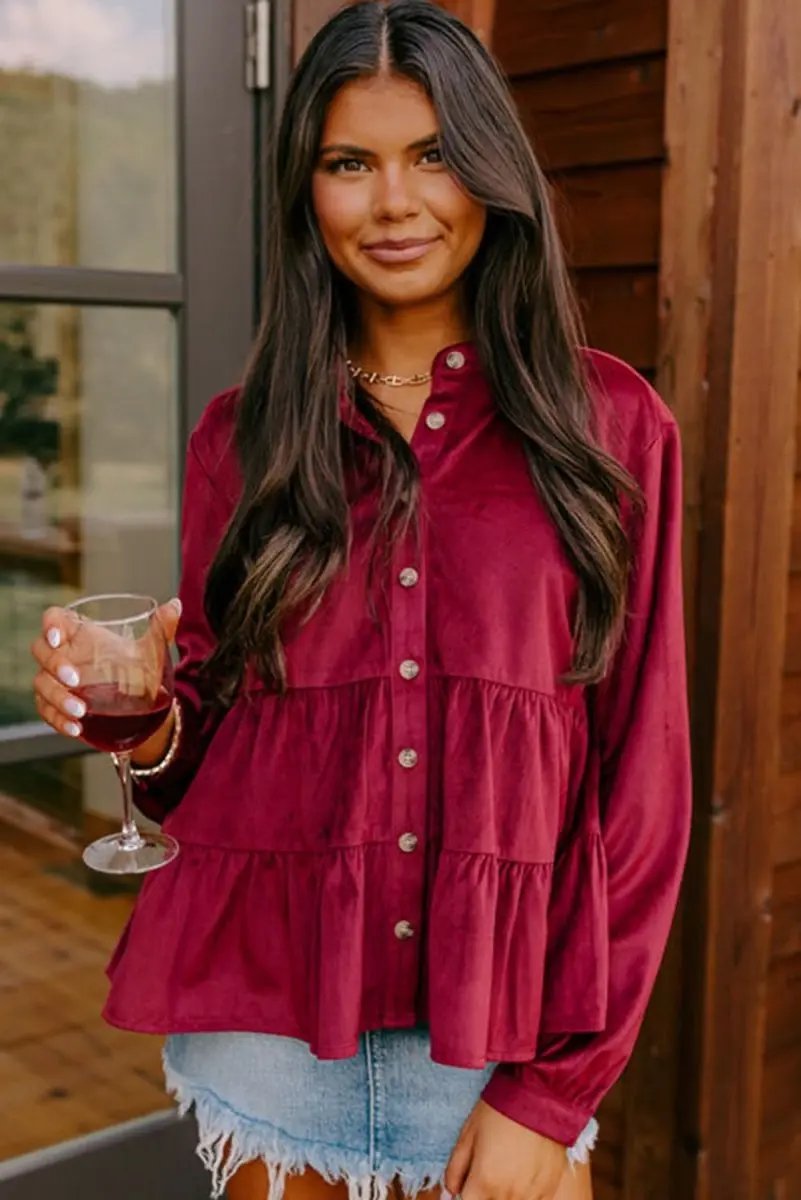 Burgundy Corduroy Ruffle Tiered Buttoned O Neck Shirt - Love Salve 