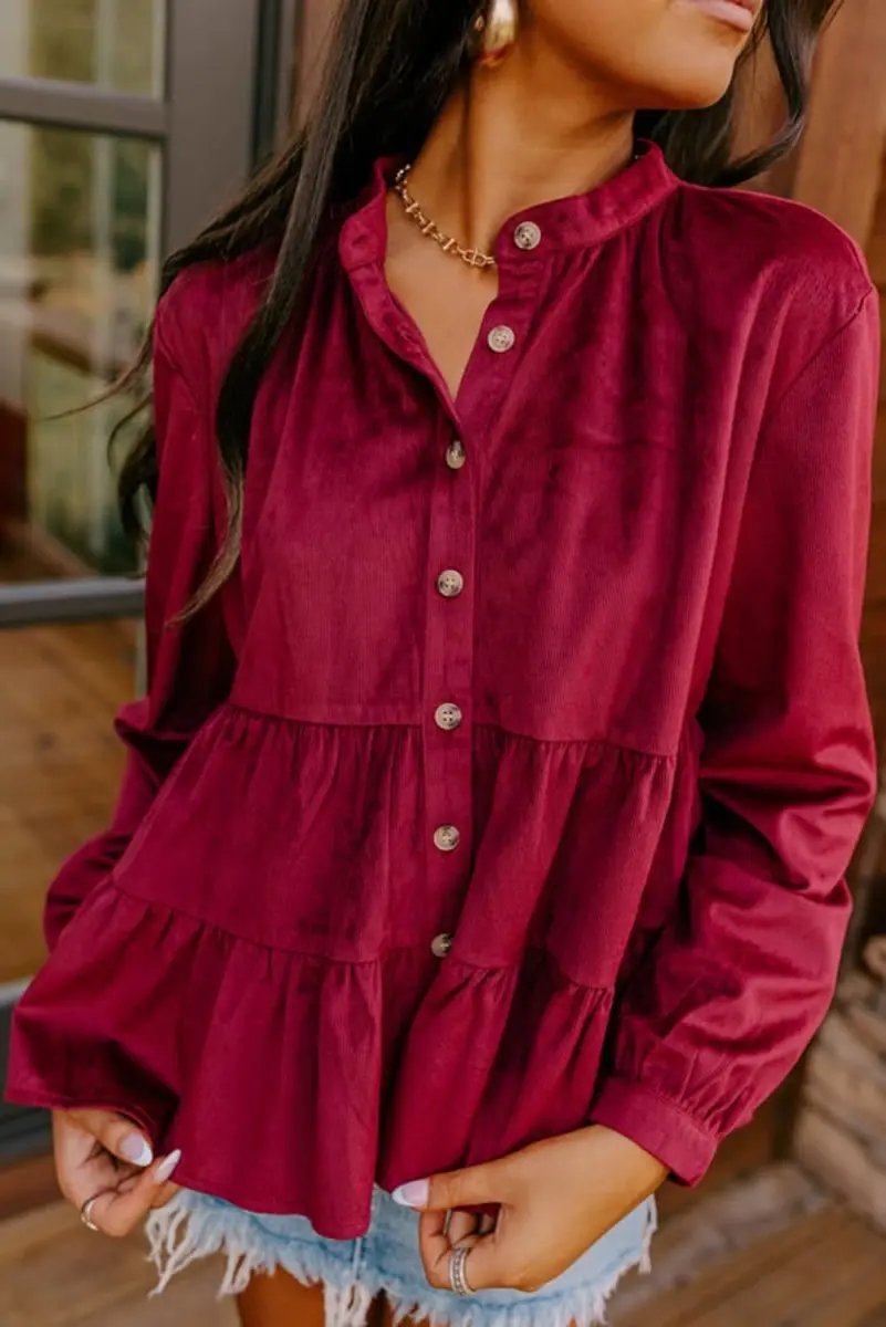 Burgundy Corduroy Ruffle Tiered Buttoned O Neck Shirt - Love Salve 