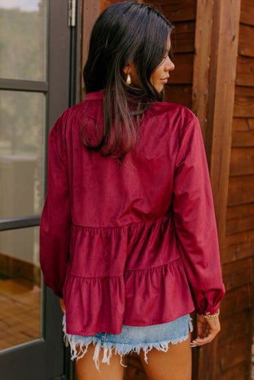 Burgundy Corduroy Ruffle Tiered Buttoned O Neck Shirt - Love Salve 