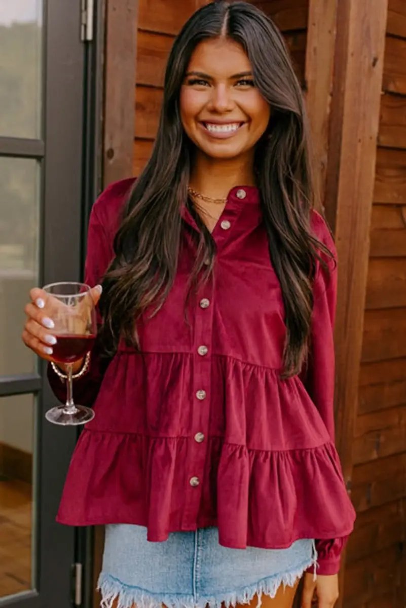 Burgundy Corduroy Ruffle Tiered Buttoned O Neck Shirt - Love Salve 