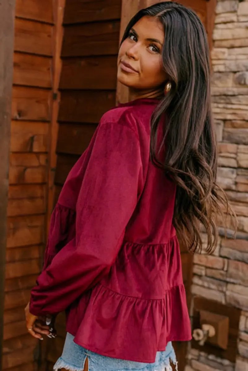 Burgundy Corduroy Ruffle Tiered Buttoned O Neck Shirt - Love Salve 