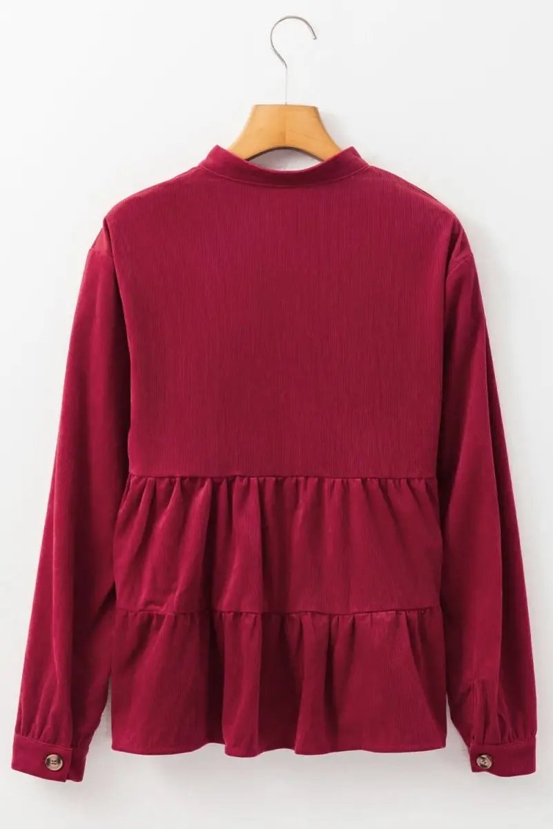Burgundy Corduroy Ruffle Tiered Buttoned O Neck Shirt - Love Salve 