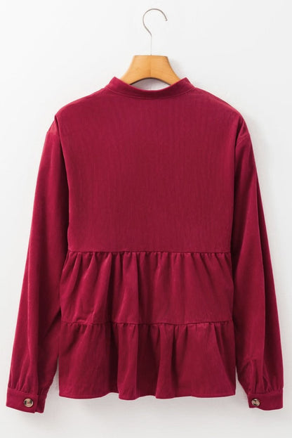 Burgundy Corduroy Ruffle Tiered Buttoned O Neck Shirt - Love Salve 