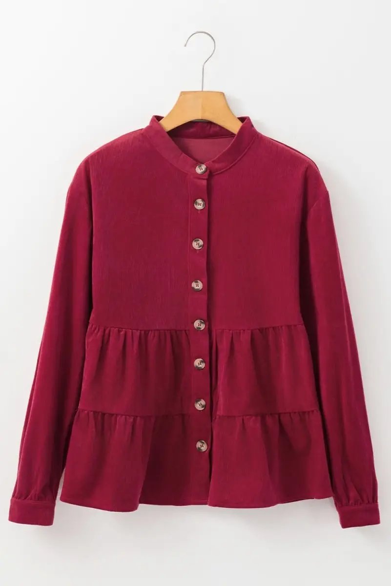 Burgundy Corduroy Ruffle Tiered Buttoned O Neck Shirt - Love Salve 
