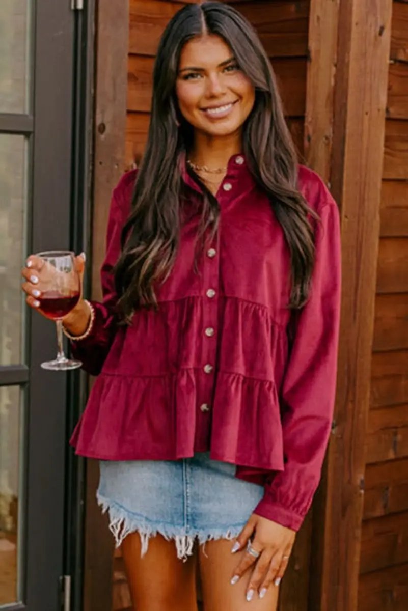 Burgundy Corduroy Ruffle Tiered Buttoned O Neck Shirt - Love Salve 