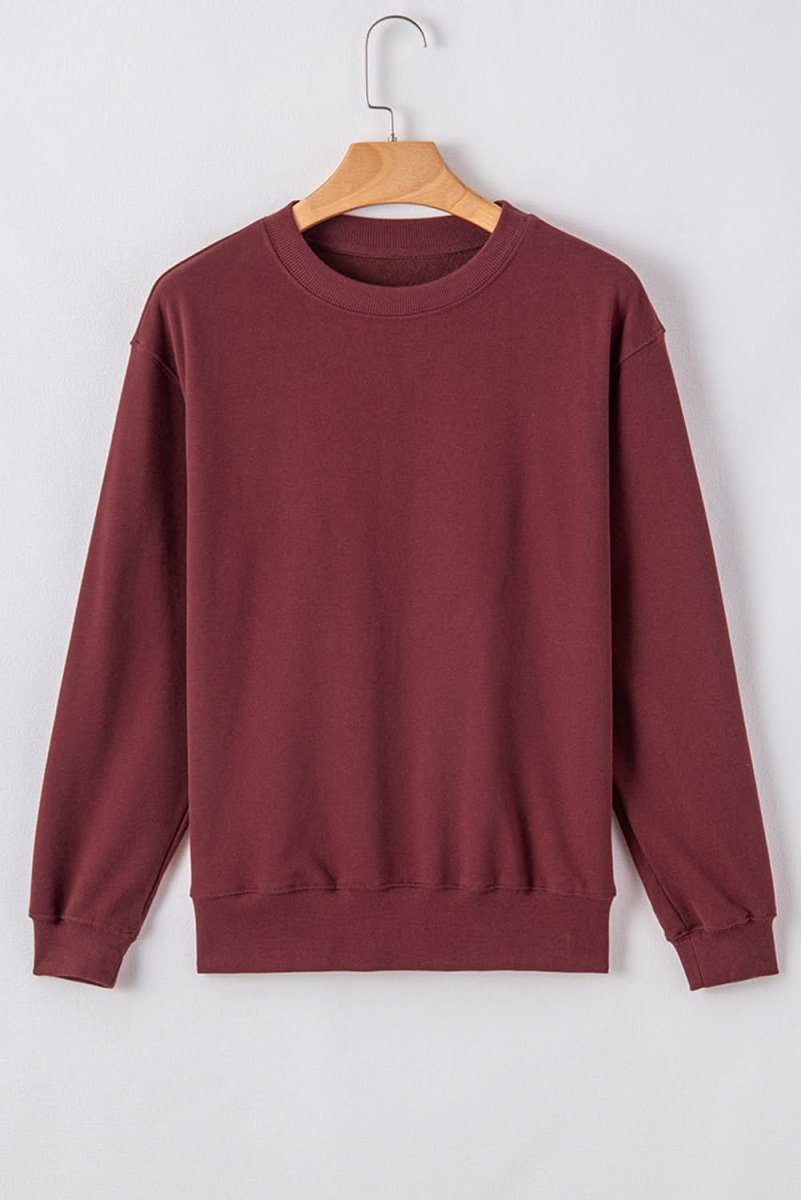 Burgundy Plain Drop Shoulder Crewneck Pullover Sweatshirt - Love Salve 