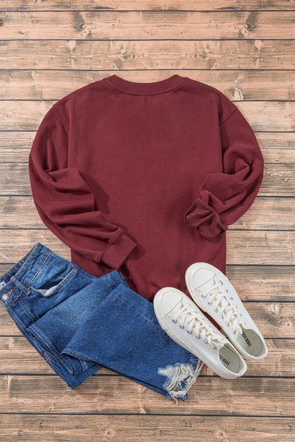 Burgundy Plain Drop Shoulder Crewneck Pullover Sweatshirt - Love Salve 