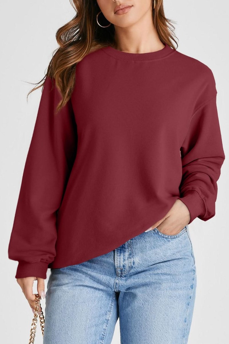 Burgundy Plain Drop Shoulder Crewneck Pullover Sweatshirt - Love Salve 
